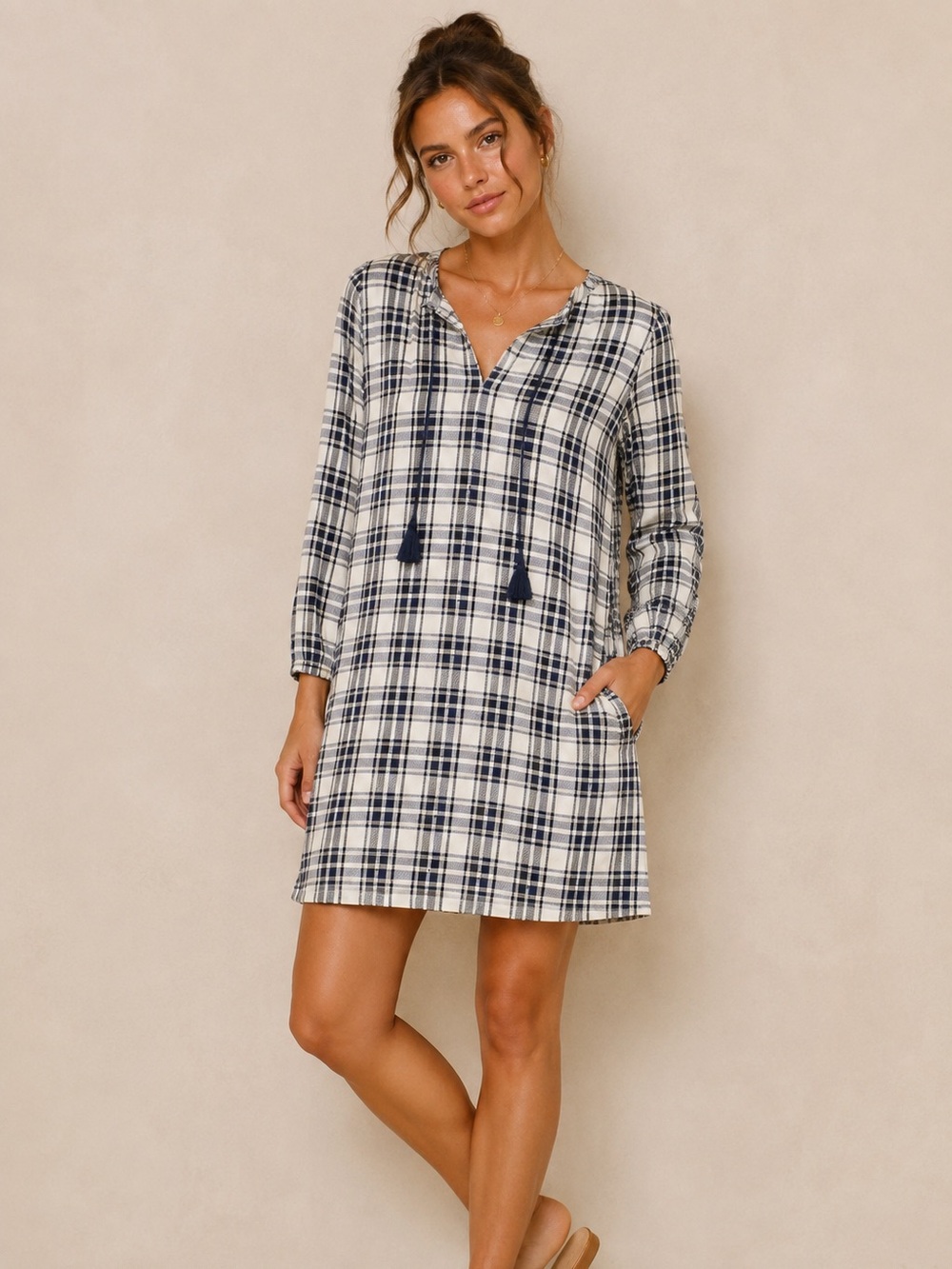 Madewell Plaid Tassel Tie Shift Dress Navy White Size Small S